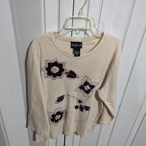 Beige blouse/with flower stitch.